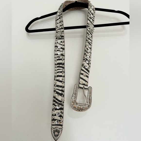 Womens Leather Belt Black White Zebra Print Bling Rhinestone cowgirl - Picture 4 of 7